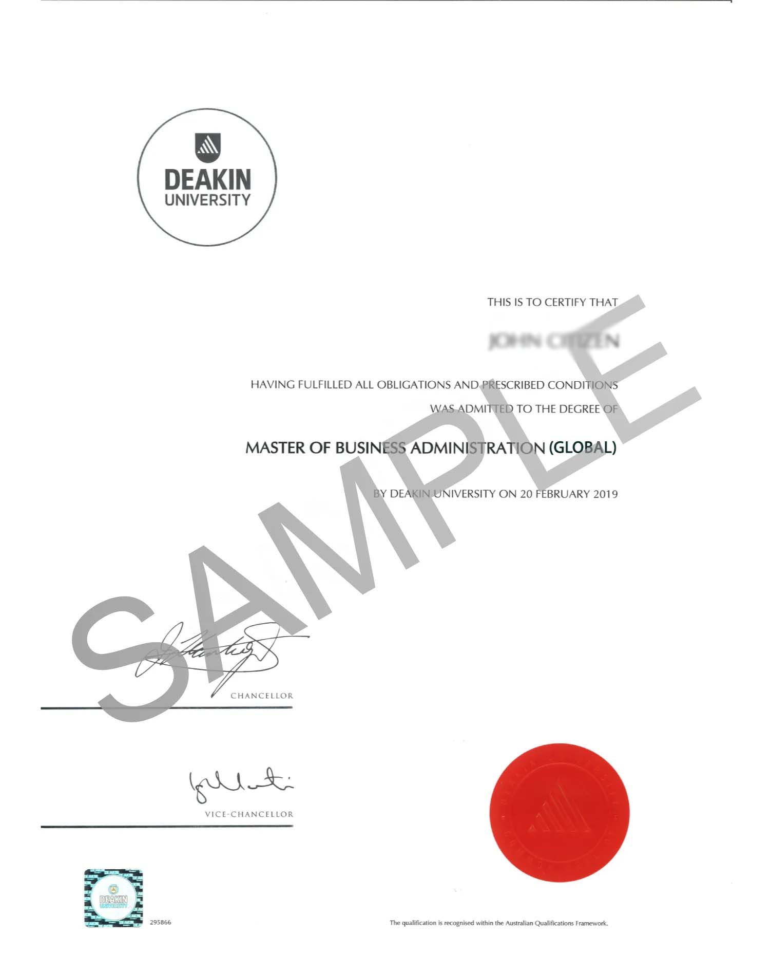 deaking buisness sample certificate of Online Global MBA