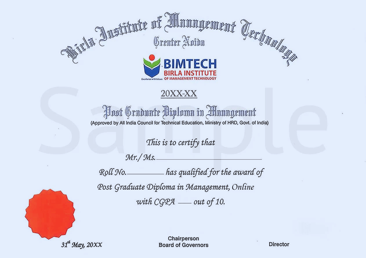Birla Institute of Management Technology Sample Certificate