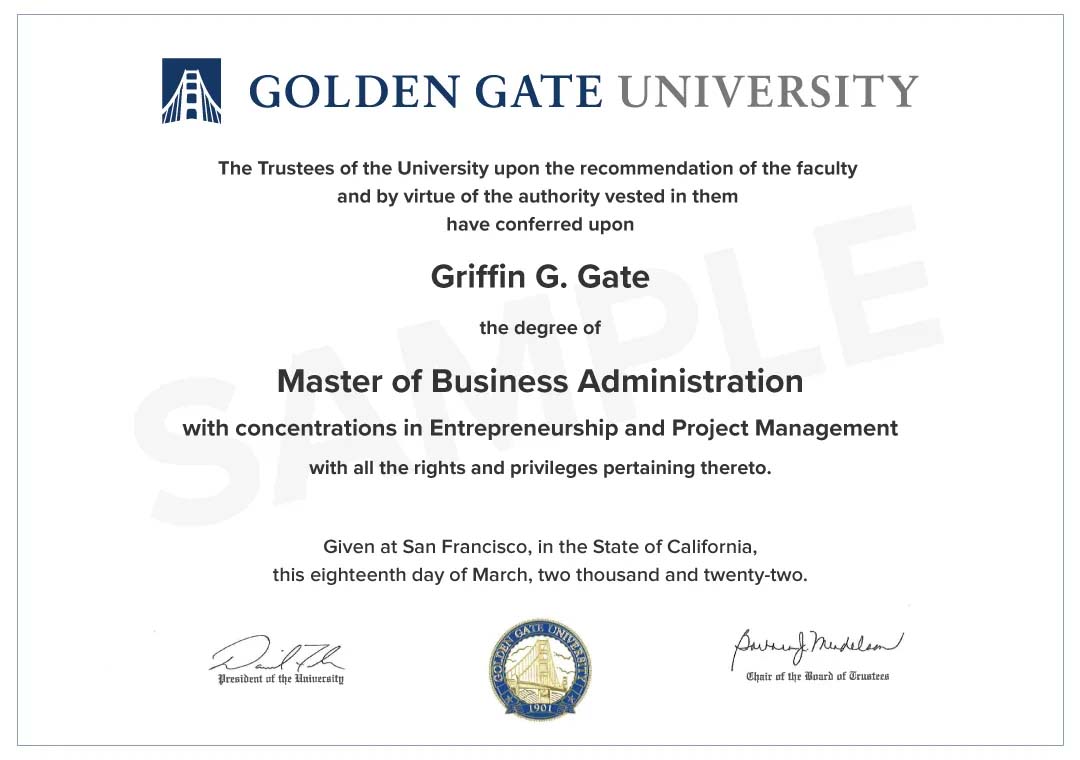 Golden Gate University sample certificate