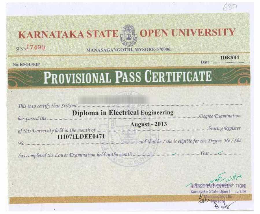 Karnataka State Open University Sample Certificate