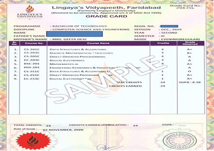 lingaya's Sample Certificate