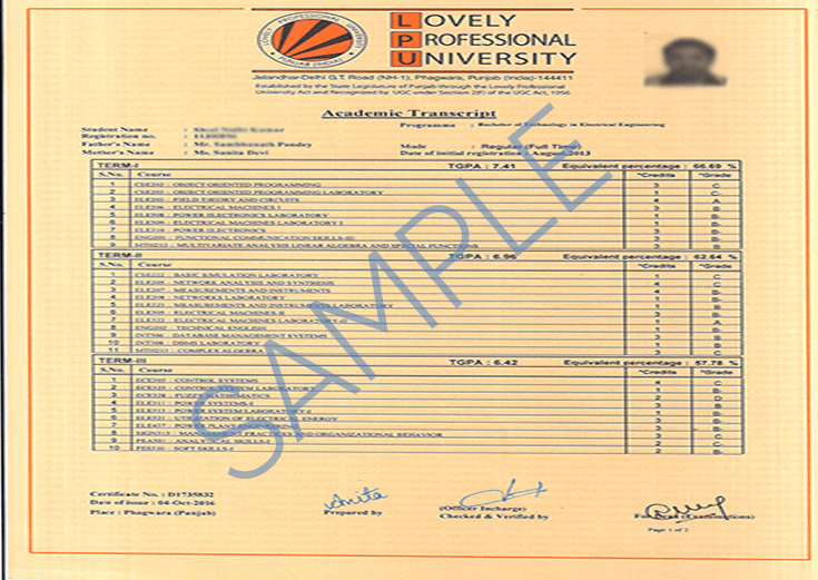Lovely Professional Sample Certificate